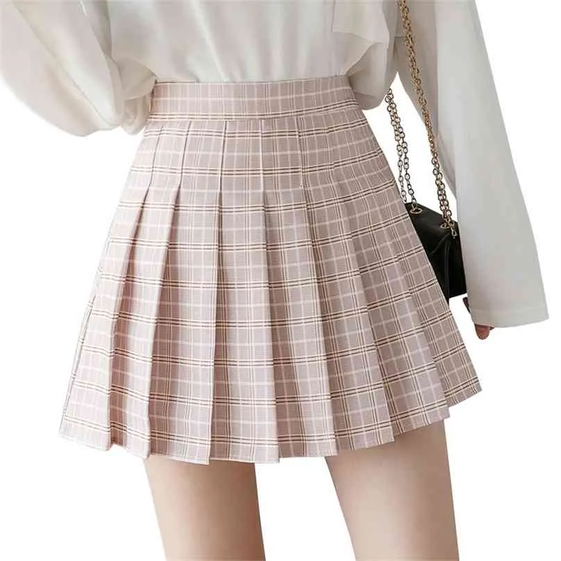 Harajuku Pink Skirts Womens Summer High Waist Anime Woman Kawaii Student Short White Plaid Black Pleated Mini Skirt 210629