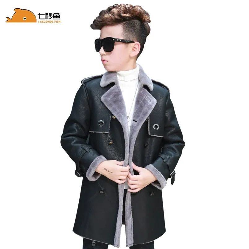 High Quality Boys Jacket Autumn Winter Fashion Korean Children's Plus Velvet Warm PU Leather For 3-13Y Kids coat 211011