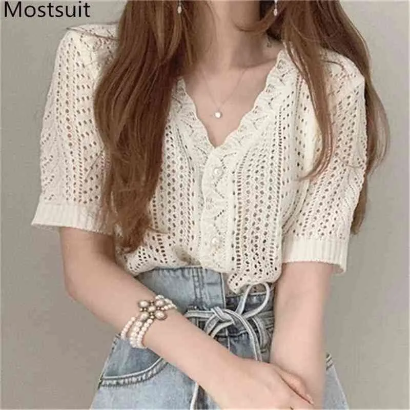 Verão coreano v-pescoço oco cardigans tops mulheres manga curta única-breasted suéteres moda vintage elegante 210513