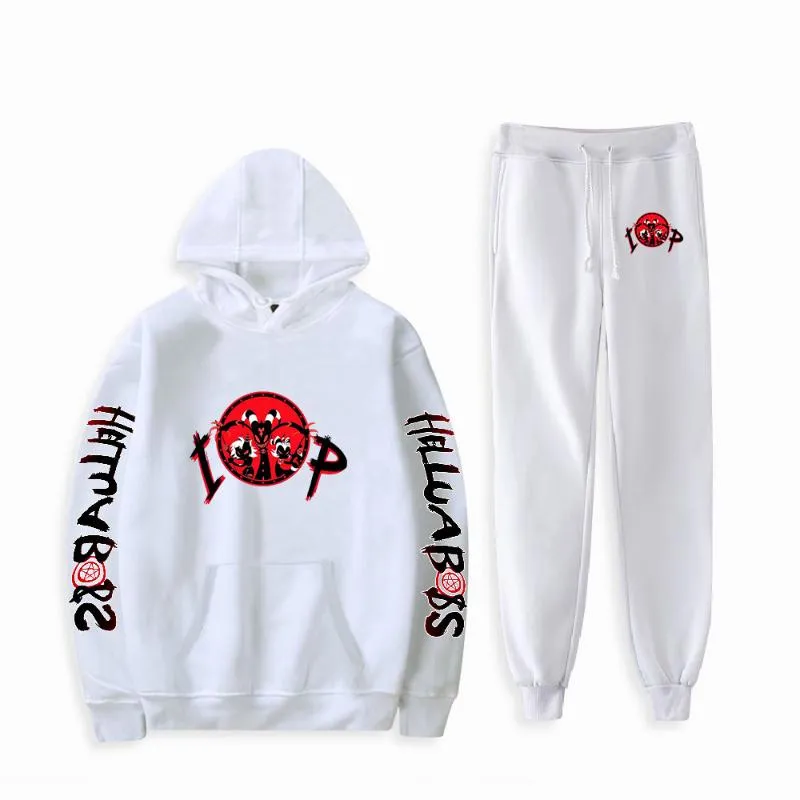 Bluzy męskie bluzy Helluva Bluza Unisex Dwuczęściowy zestaw Bluza + Jogger Pant Harajuku Streetwear 2021 Amerykańskie Odzież Anime