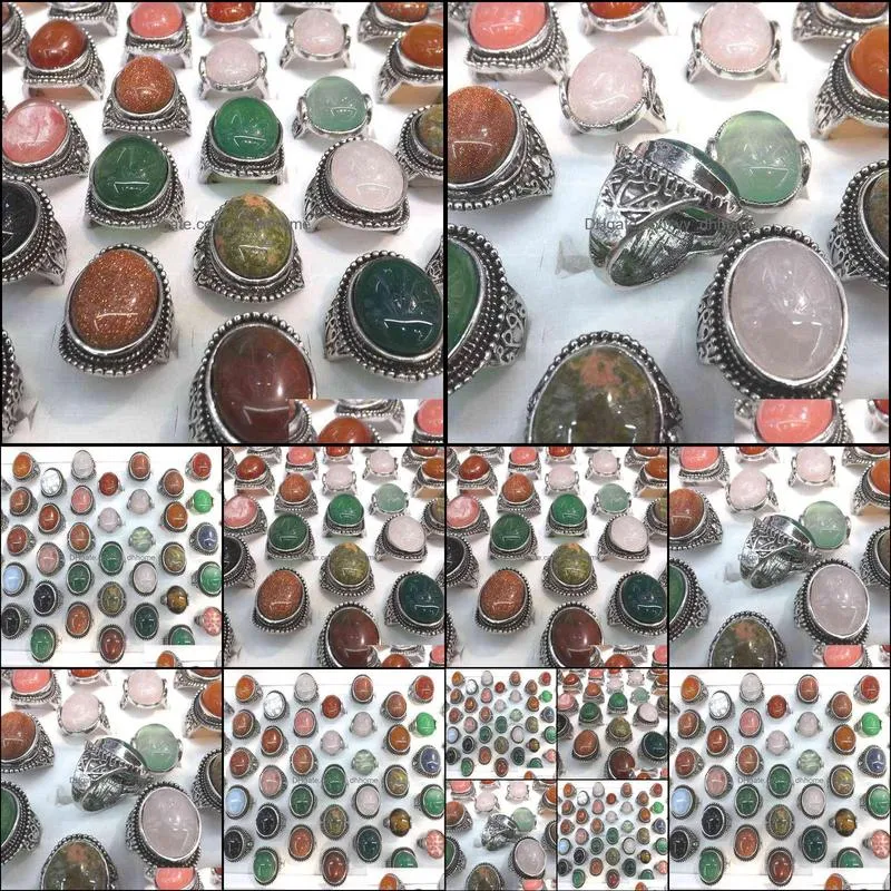 50pcs/Lot Vintage Big Natural Stone Rings Rose Quarts, Gold Sand Stone, Green Jadee, Opal Mixed Size 220115