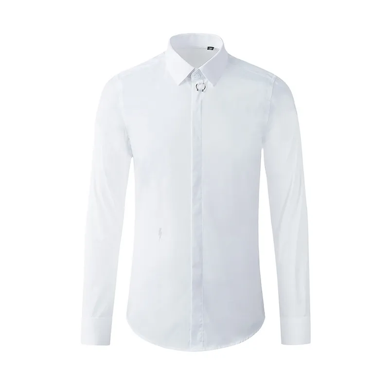 Scollo decorazione fibbia in metallo Camicia da uomo 2021 Tinta unita 100% puro cotone Slim maschile Camicie a maniche lunghe Casual Camisa