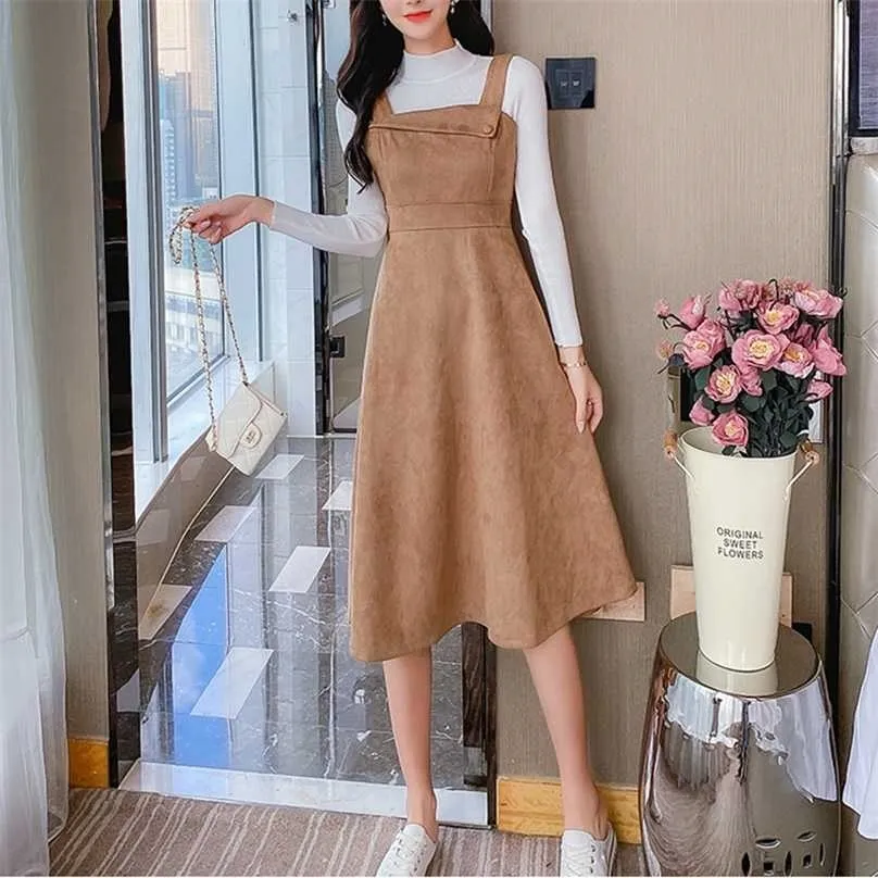 Höst ankomst Fashion Women Two Piece Set Casual Turtleneck Solid Stickade Toppar + Knapp Suede Strap Dress Suits 211106