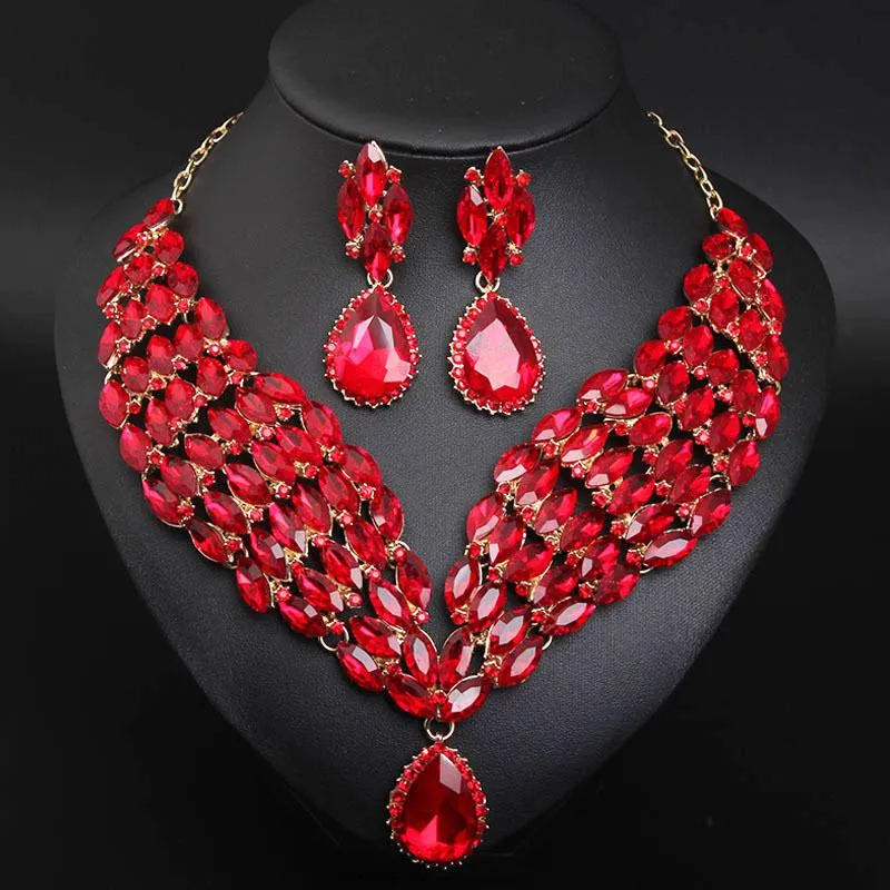 Oorbellen ketting rode kristal verklaring set goud kleur sieraden sets bruids bruiloft kostuum sieraden accessoires