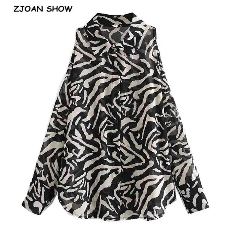 Vintage Lapel Contrast color Animal Zebra Print Shirt Elegant Woman Single-breasted Long sleeve Hollow out Shoulder Blouse Tops 210429