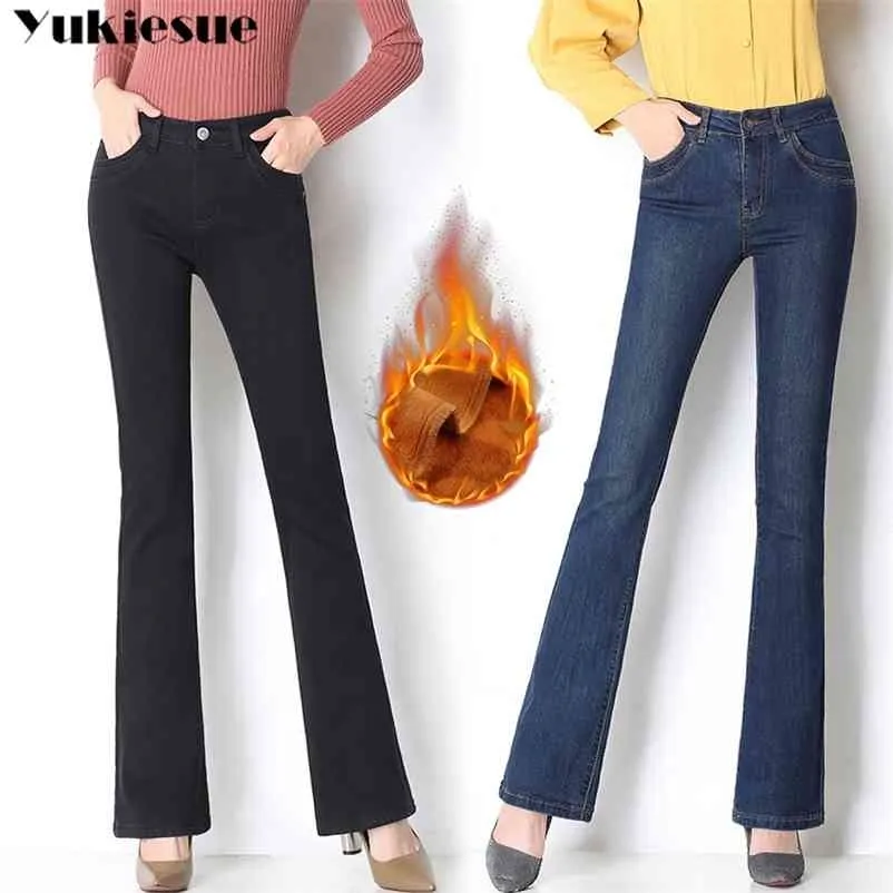 Inverno morno lã largo perna jeans mulher com cintura alta OL Skinny Od Escritório Denim para Mulheres Flare Mamãe Plus Size Mujer 210629
