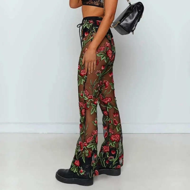 ファッションフラワーメッシュビーチパンツ女性ビキニカバーアップ透明なセクシーなバススーツサマービーチウェアサロン