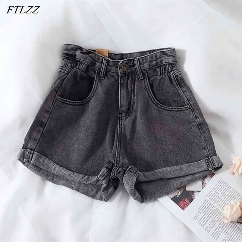 Été Femmes Streetwear Large Jambe Bleu Denim Shorts Casual Femme Élastique Wasit Lâche Couleur Solide Jeans 210430