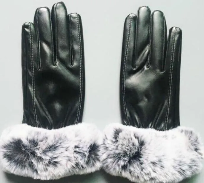 قفازات جلدية عالية الجودة الشتوية والصوف شاشة تعمل باللمس الأرنب الفراء البارد - مقاومة أصابع جلد الغنم الدافئة A336
