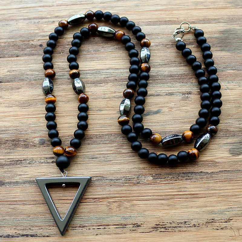 Design 6MM Tiger stone bead Black Men's Hematite triangle pendants Necklace Fashion Jewelry