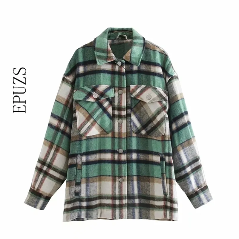 Kvinnor Winter Coat Fashion Green Plaid Jacket Casual Coats Streetwear tjocka överdimensionerade kvinnliga outwear 210521