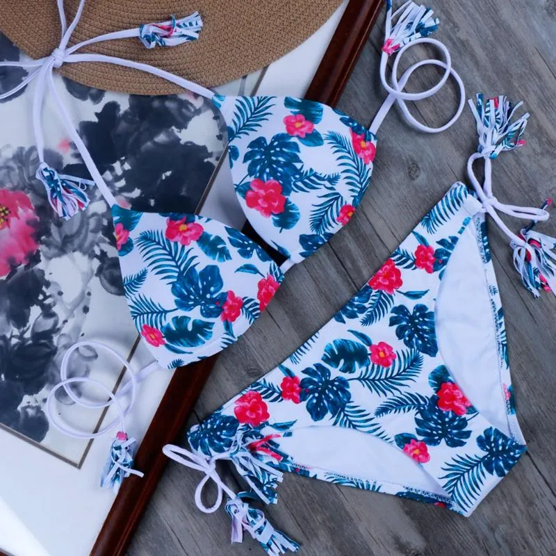 Tassel Pus Up Bikini Set Plus Size Swimsuit Bandage Halter Biquini Triangle Bikinis 2021 Swimwear Monokini Maillot de Bain Femme Women's