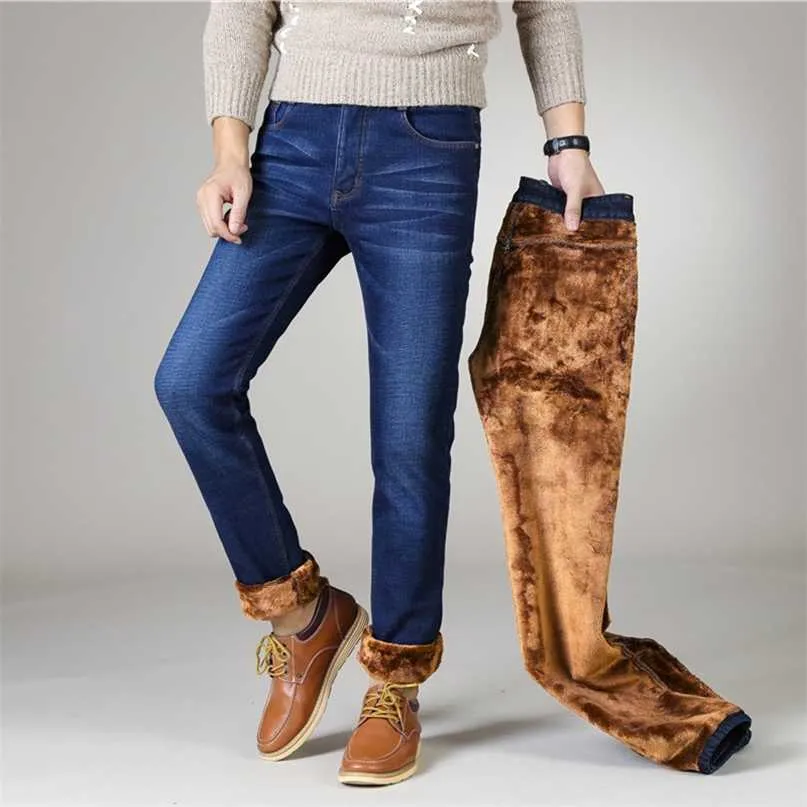 Winter Men's Plus Fleece Warm Jeans Klassisk Tjock Denim Stretch Slim Fit Svart Casual Boutique Business Blue Trousers 211108