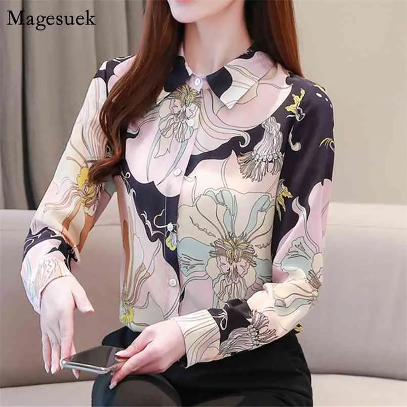 Autumn Slim Long Sleeve Shirt Women Korean Satin Work Wear Elegant Blouses All-match Printed Female Shirts Tops 10727 210512