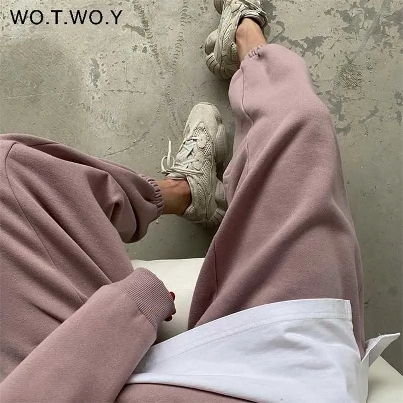 Wotwoy-verdikking fleece trekkoord sweatbroek vrouwen elastische taille herfst winter warme broek vrouwelijke witte roze casual broek 211115
