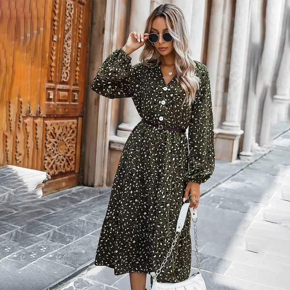 Leopard Print Long Sleeve Midi Dress for Women