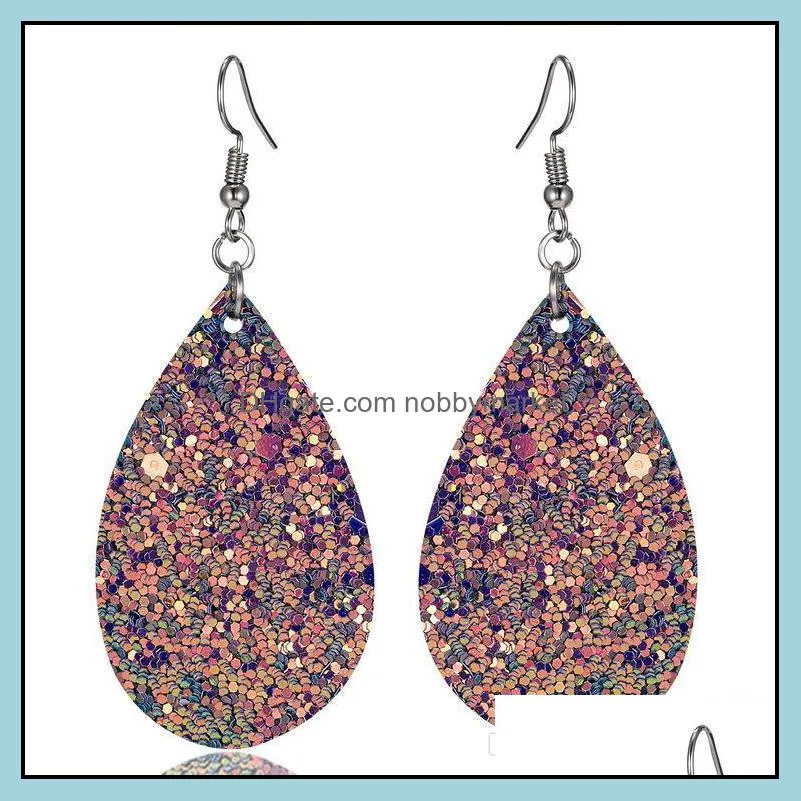 12 Styles Bohemia Water Drop Leather Earrings For Women Sequins PU Leather Dangle Earrings Valentine`s Day Fashion Jewelry Gifts