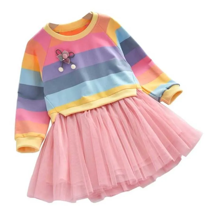 Baby Girls Dress Princess Autumn Sweater Fleece Gauze Tutu Dresses Children Clothing Long Sleeve Rainbow Stripes Dress For Girls Q0716