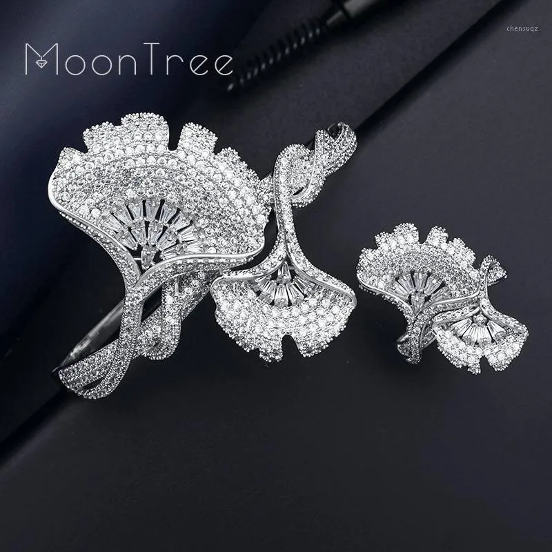 Orecchini Collana MoonTree Women Wedding Bridal Bangle Ring Dubai Dress Set di gioielli Lxury Ginkgo Leaf Full Micro Cubic Zirconia