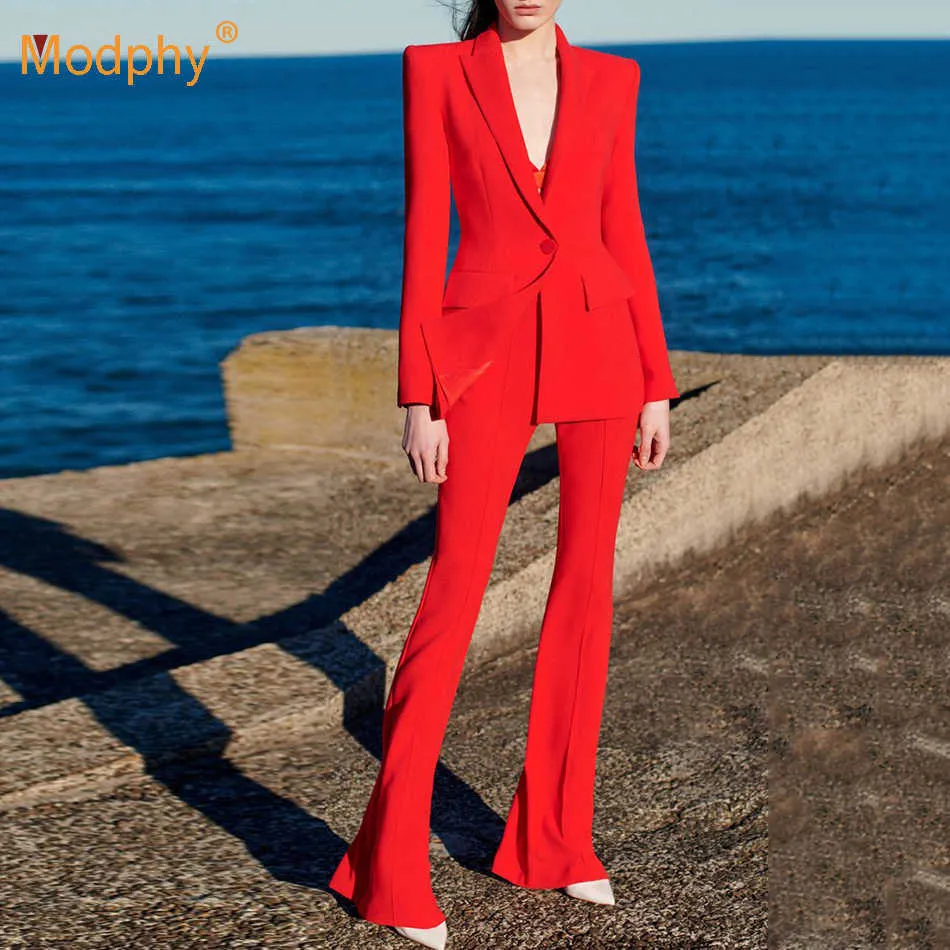 Outono e inverno mulheres sexy de mangas compridas blazer flared calças de escritório conjunto elegante vermelho bodycon2 duas peças 210527