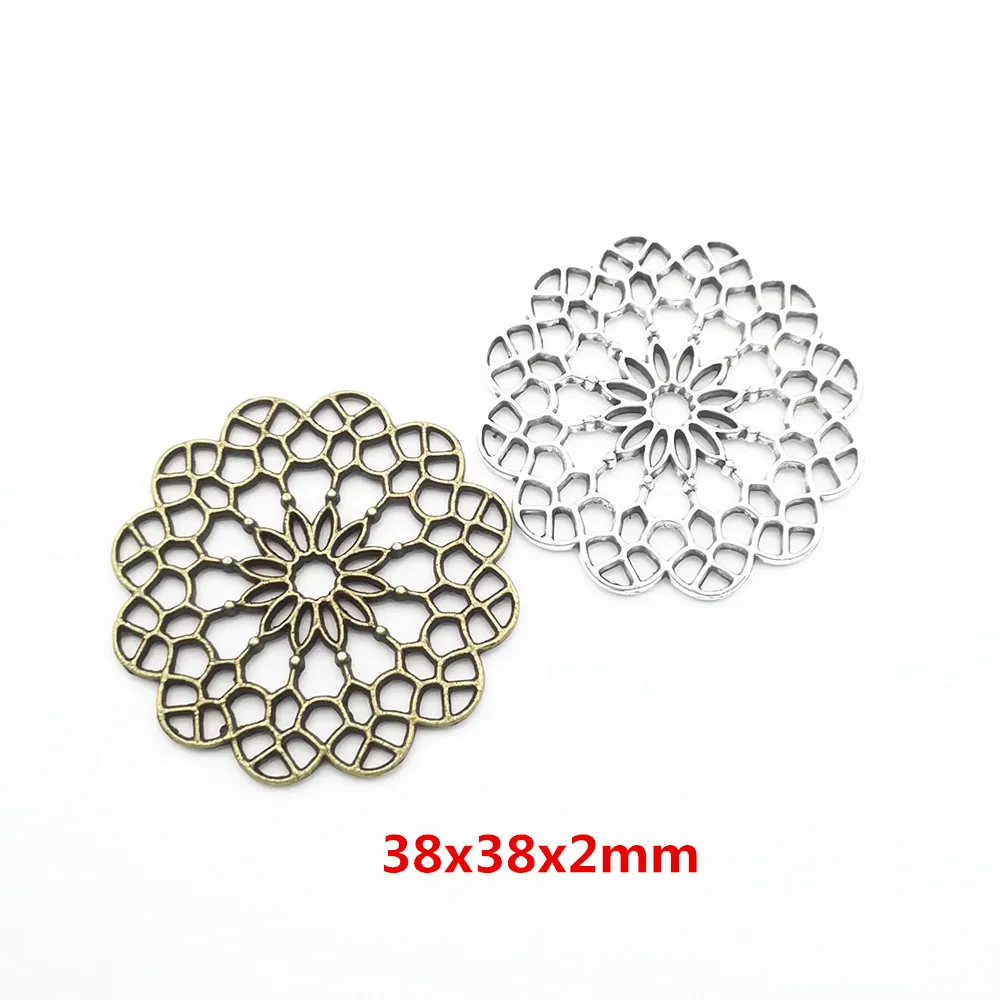 30pcs 38X38MM Handmade Alloy Filigree Flower Charms Metal Vintage Pendants for Bracelet Necklace Earring DIY Jewelry Making