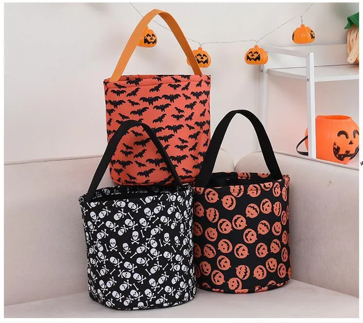 Halloween Trick or Treat Bag Party Supplies Seau Sacs-cadeaux pour Candy Festival Squelette Citrouille Fond orange avec poignée noire JJA8528