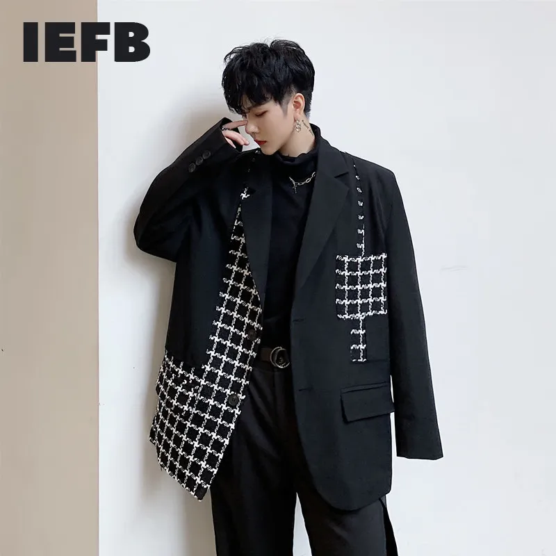 IEFB негабарит свободно черный платный лоскутный костюм Пальто мужской асимметричной Janpanese Streetwear мода блейзер куртка Autum 9y347 210524