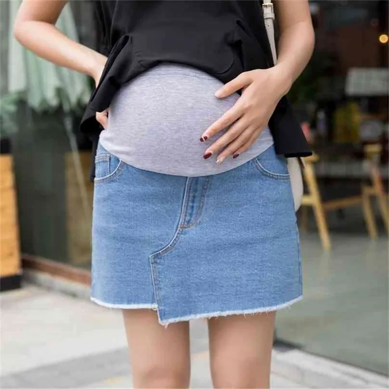 Verão Irregular Mulheres Grávidas Denim Saias Com Forro Shorts Moda Maternidade Algodão Empire Bolsos 210629