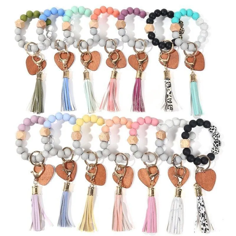 14 Colors Valentine's day love wood chip silicone bead bracelet keychain Party Favor Wristlet key chain Tassels handchain keys ring Various keychains