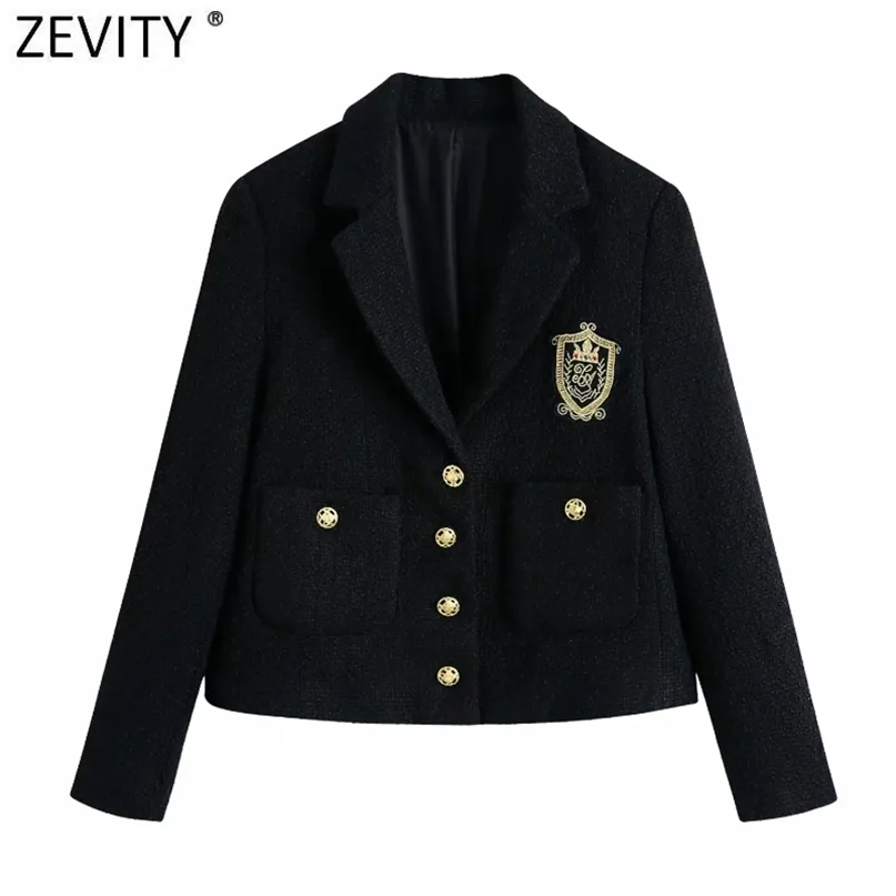 Zevity Kobiety Anglia Styl Badge Patch Breasted Woolen Blazer Płaszcz Vintage Z Długim Rękawem Kieszenie Kobiet Odzież Odzieży Chic Topy CT663 211019