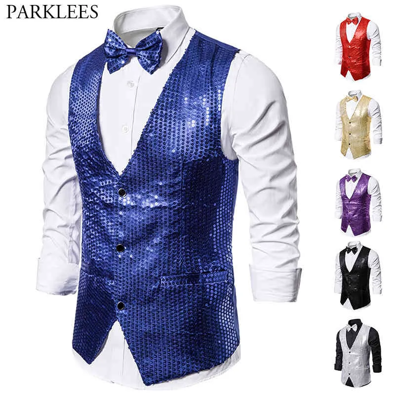 Royal Blue Sequin 2pcs Vest Män Lyxig Bröllopsfest Slim Fit Paillette Waistocat Mens Club Bar Stage Dansare Sångare Kostym 210522