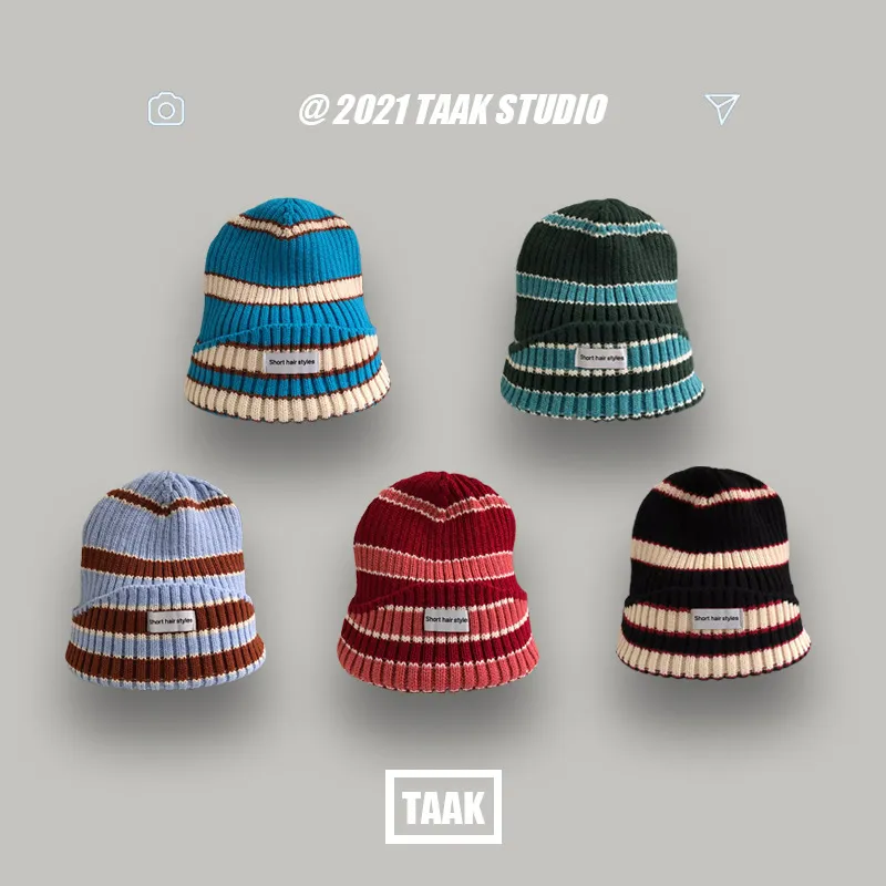 slouchy beanie for men Striped knitted autumn and winter cloth label woolen hat student cold hats