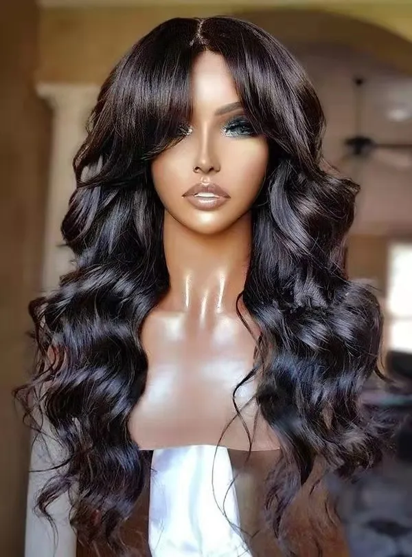 Kroppsvåg mänskliga hår peruker med gardin bang mjuk våt vågig 360 frontal peruk hd spets front peruk perruque 150%densitet för svarta kvinnor