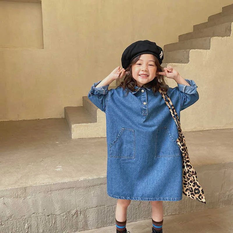 Vestito in denim per ragazze Autunno Inverno Moda per bambini Risvolto coreano Abiti da principessa tascabili 3-7 anni Abiti casual per bambini Q0716