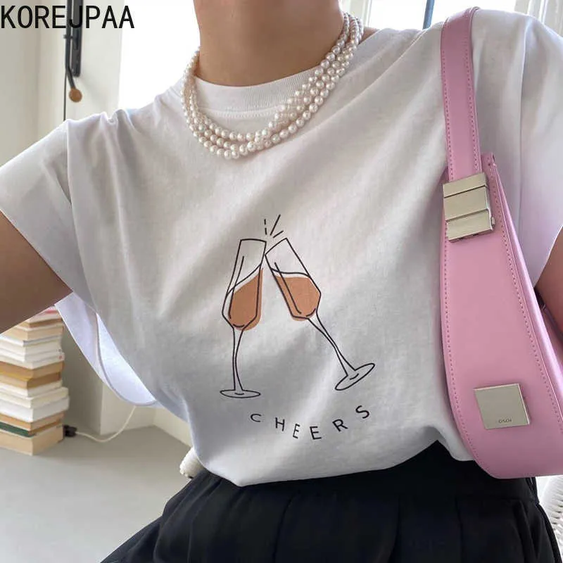Korejpaaの女性Tシャツ夏の韓国のシックな年齢削減緩い手描きの文字印刷された半袖プルオーバー210526