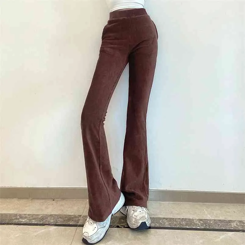 Bruine corduroy skinny y2k flare broek vrouwen vintage harajuku lange casaul stretch hoge getailleerde broek sweatpants Caprip 210510