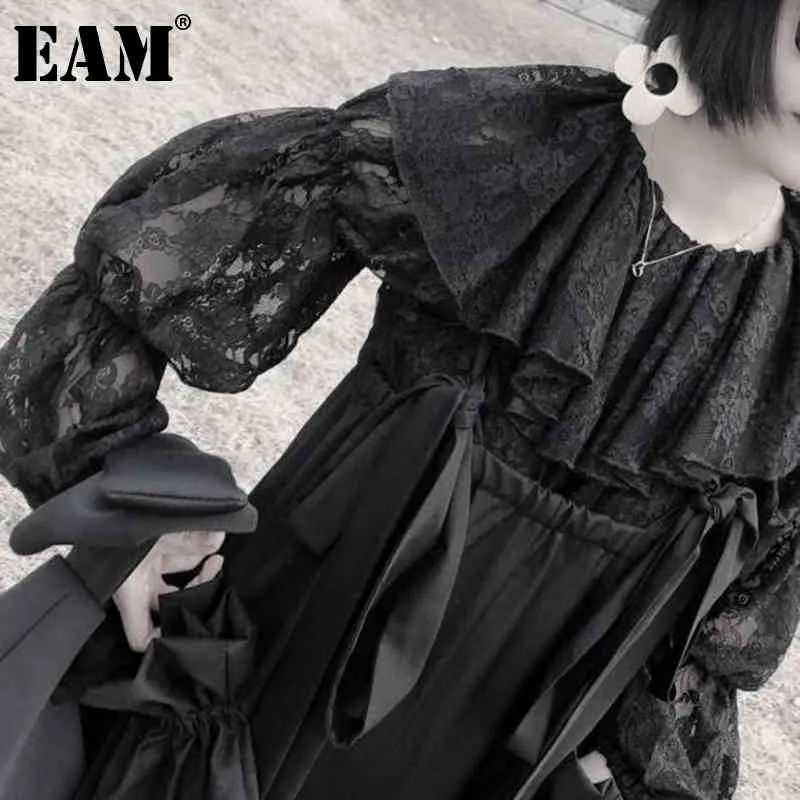 [EAM] Camicetta da donna in pizzo nero con colletto alla Peter Pan, manica lunga a lanterna, camicia ampia, moda primavera-autunno 1DD6778 21512