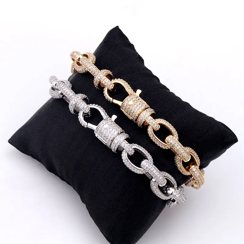 11.5mm Hip Hop Tênis AAA Zircônia Cúbica Botão de Primavera Pavimentada Bling Gelado O Forma Link Chain Bangle Bracelet para Homens Rapper Jóias