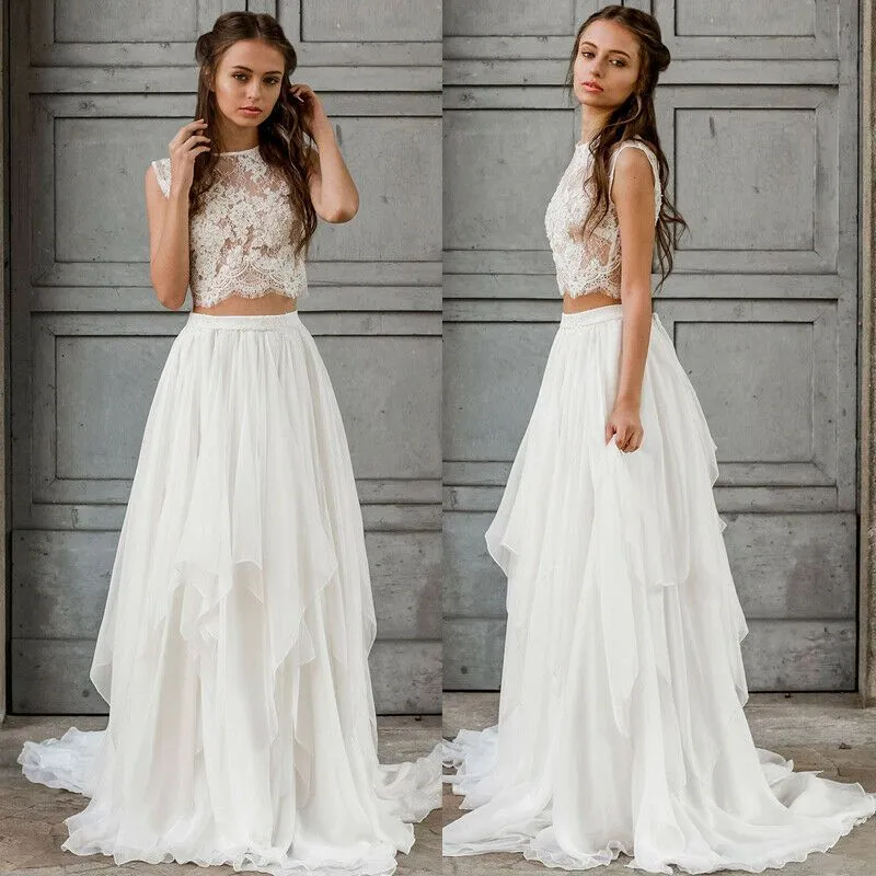 Seksowne Dwa kawałek Boho Sukienka ślubna 2021 Crop Top Szyfon Letni Plaża Ogród Bride Suknie Podłogowe Długość Czeski Kraj Bridal Suknia Zipper Back Vestio de Novias