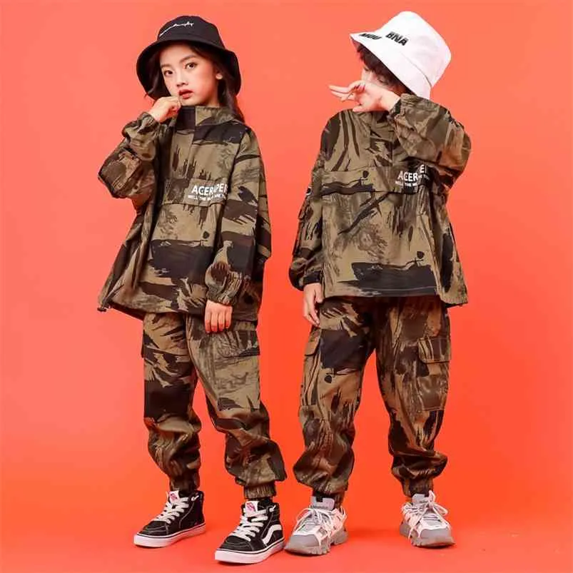 Barn pojkar camouflage sport set höst våren barn flickor hiphop kläder set armé gröna stora pojke tracksuits streetwear 210622