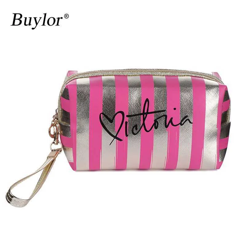 Buylor Vattentät Laser Make Up Bag Striped Platinum Kosmetiska Väskor Kvinnor Tvättlagring Väska PVC Pouch Travel Storage Case 210729