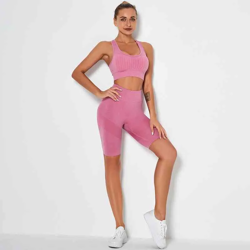 Zomer Vrouw Ademend Sport Sets Sexy Slanke Push Up Fitness Bra Yoga Ondergoed + Gym Shorts Solid Workout Short Leggings 210514
