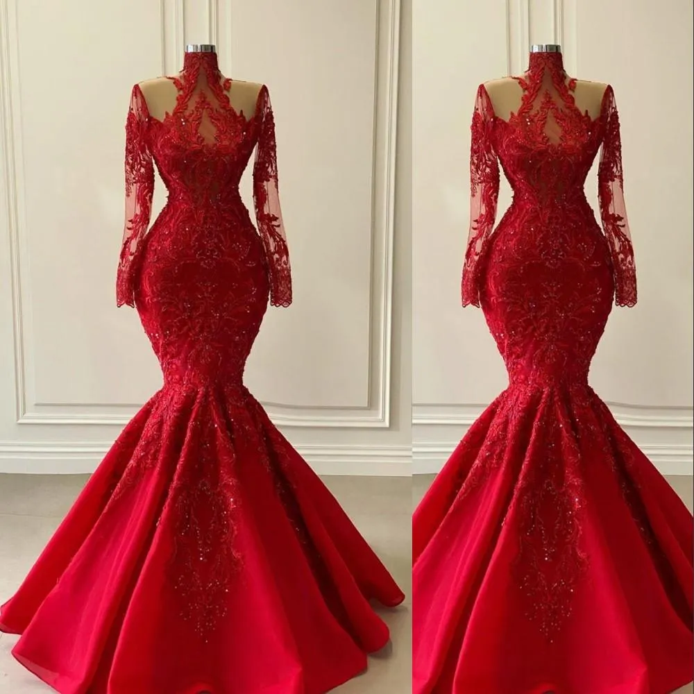 Red Mermaid Evening Dresses 2021 High Neck Long Sleeves Lace Applique Sequins Beaded Floor Length Satin Illusion Prom Party Ball Gown vestido