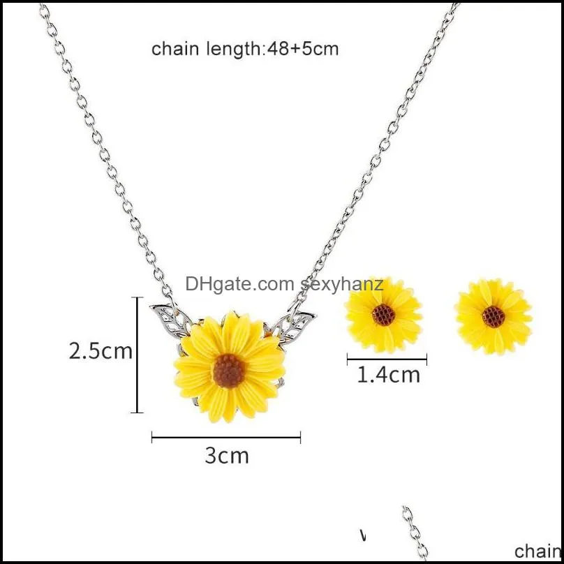 Earrings & Necklace 2021 Cute Sunflower Leaf Pendant Set Charm Chrysanthemum Flower Jewelry For Women Fashion Gift