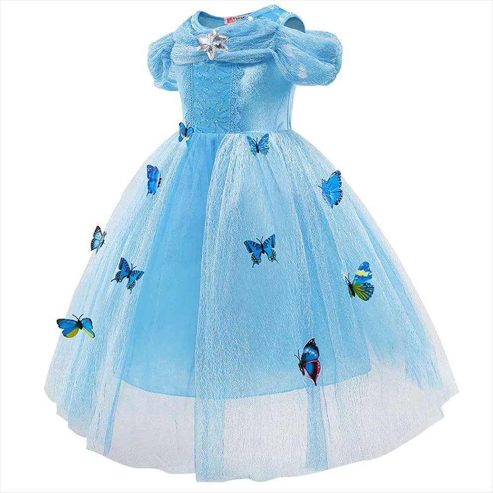 Meninas azul cinderela vestido de verão puff manga bordado vestidos de  flores para meninas princesa fantasiar