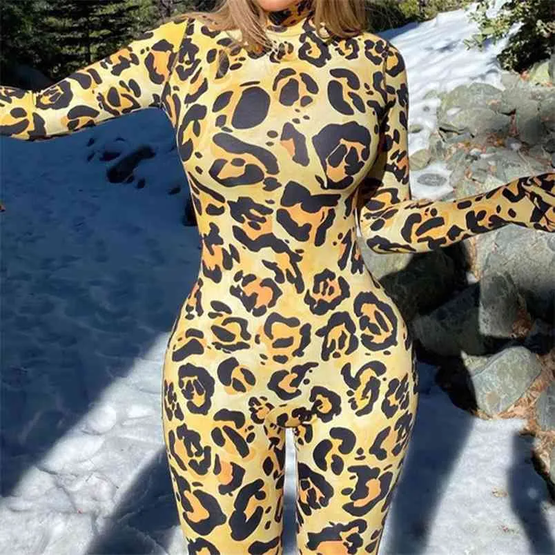 Kvinnor Snygg Jumpsuit Gul Leopord Skriv ut Turtleneck Fitness Connected Gloves Sports Oavsett Sexy Clubwear 210517