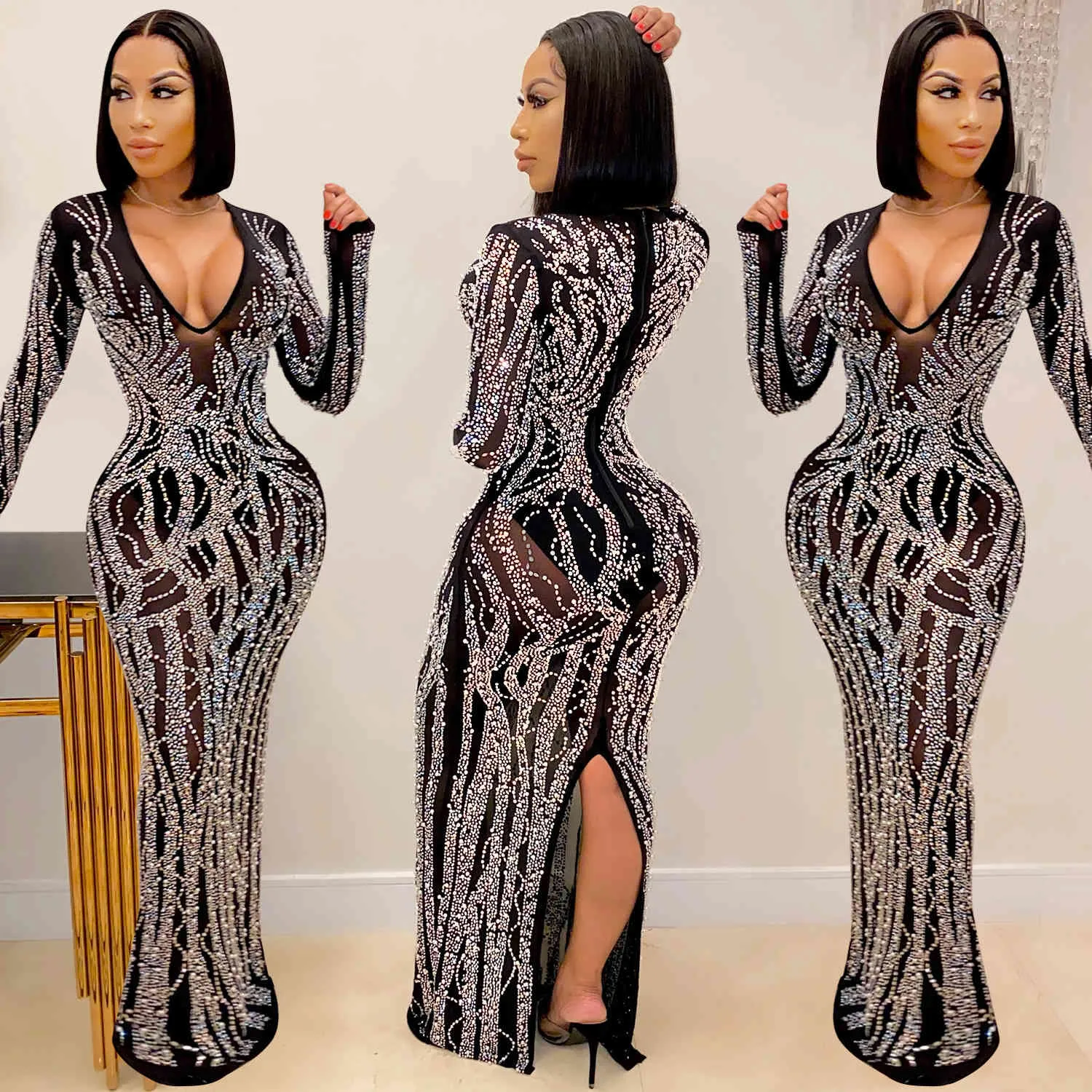 Nouveau produit Discothèque Sexy Hot Diamond Perspective Net Fil Brillant Femmes Robe Longue Jupe Moulante Robe Noire 210422