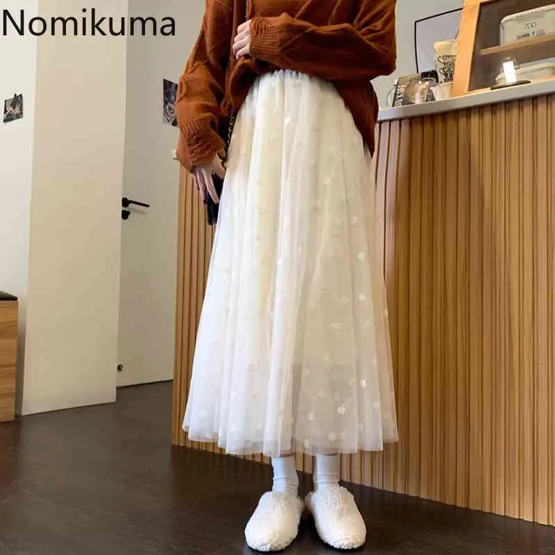 野名ガーゼスカート女性ストレッチハイウエストAラインミッドカーフスカート女性韓国風エレガントなファッションJupe Longue Femme 3E148 210514