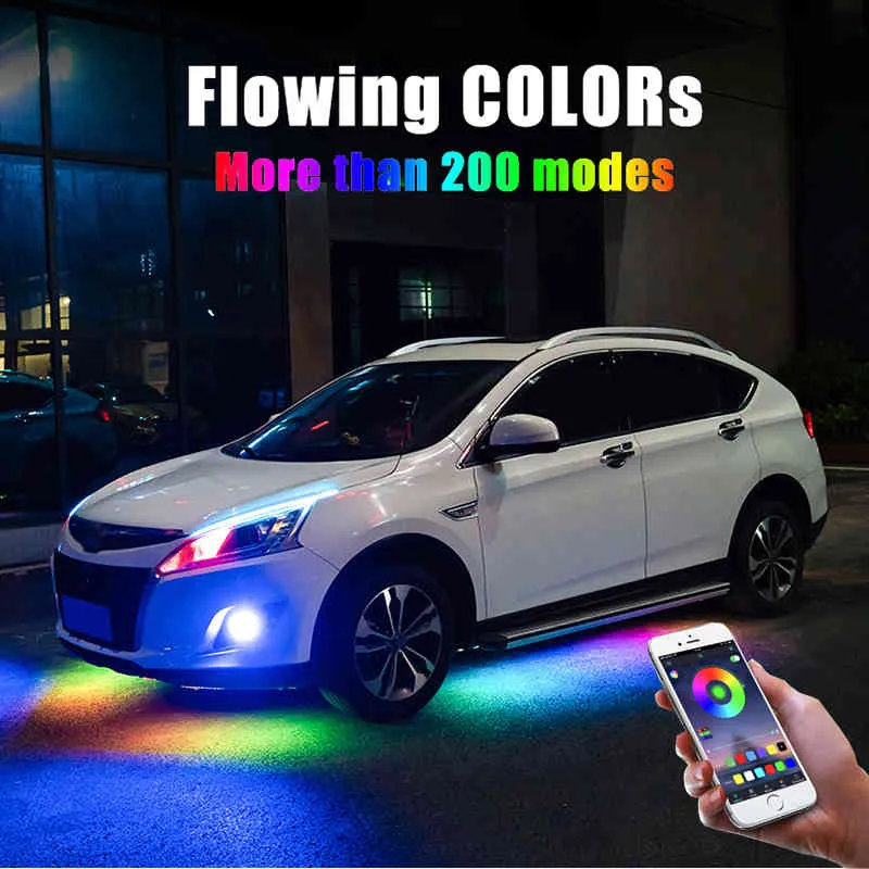 4 ADET 12 V IP65 Bluetooth Uygulama Kontrol Akan Renk RGB LED Şerit Araba altında 90 120 180 Tüp Underglow Underbody Sistemi Neon Işık 210419