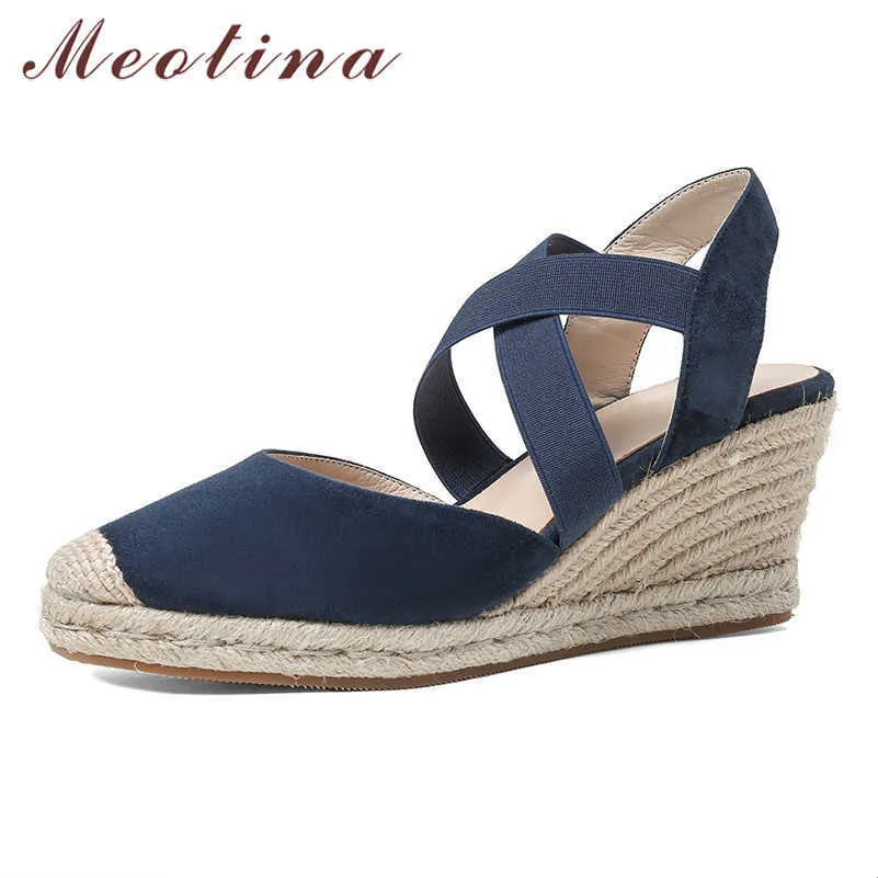 Meotina Espadrille Wedge High Heels Pumps Slingbacks Women Shoes Kid Suede Round Toe Footwear Lady Summer Causal Shoes Apricot 210608